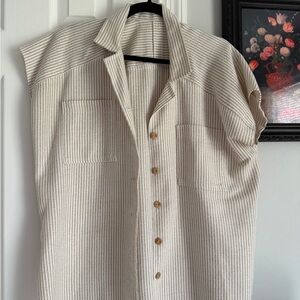 Women's Beige Striped Button Down Shirt